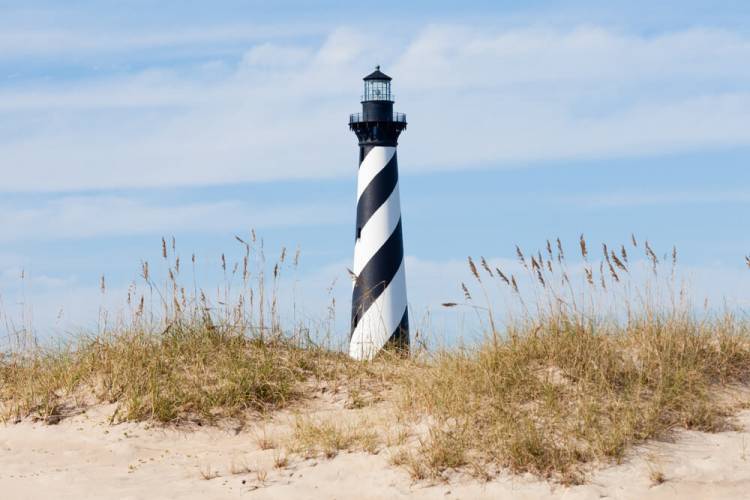 black and white candy striped lighthouse in Hatteras Island, NC