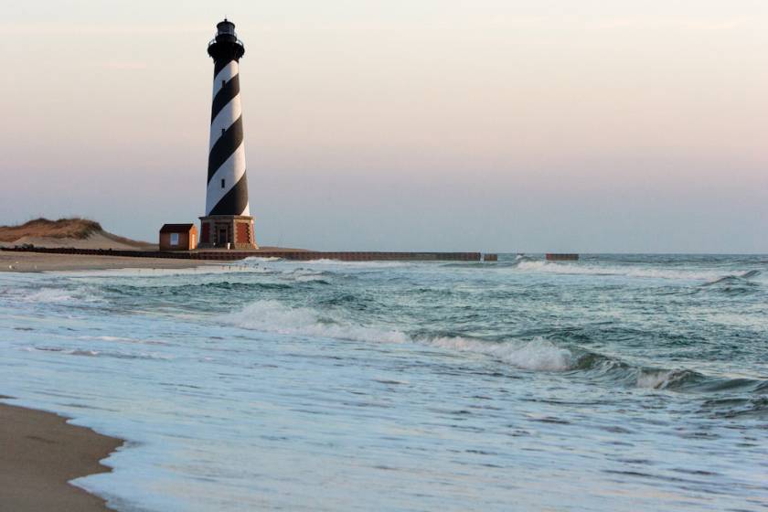 Hatteras Island lighthouse on beach with ocean view